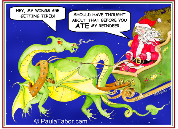 Santa riding a sleigh pulled by a green dragon. The dragon says its wings are tired, and Santa responds about the dragon eating his reindeer.