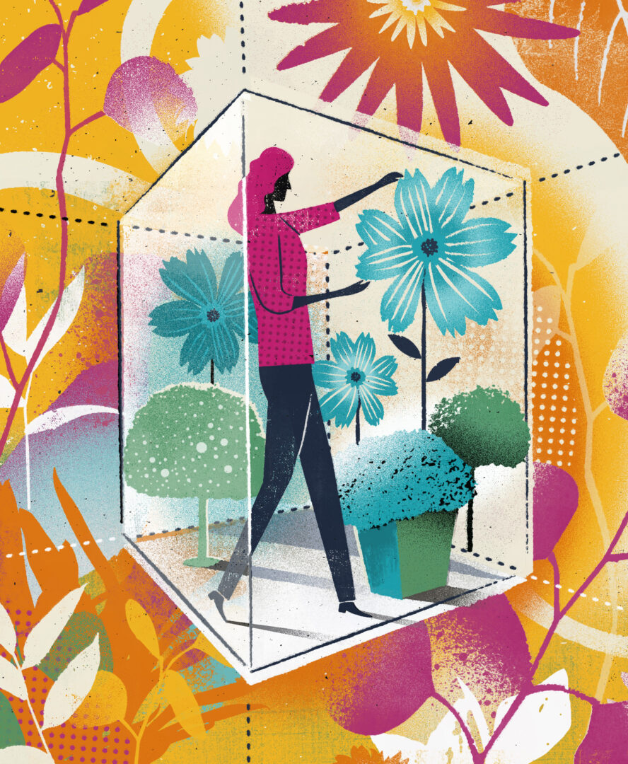 A person inside a transparent cube arranges large blue flowers in pots, surrounded by a colorful, abstract floral background.