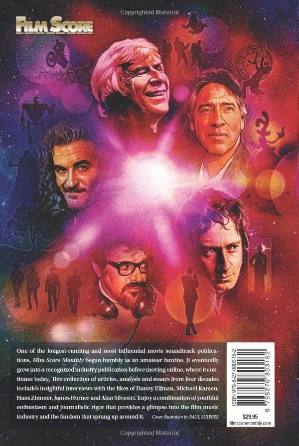 Collage of composers' portraits set against a cosmic background, with musical notes, film reels, and instruments, promoting a book on influential movie soundtrack publications.