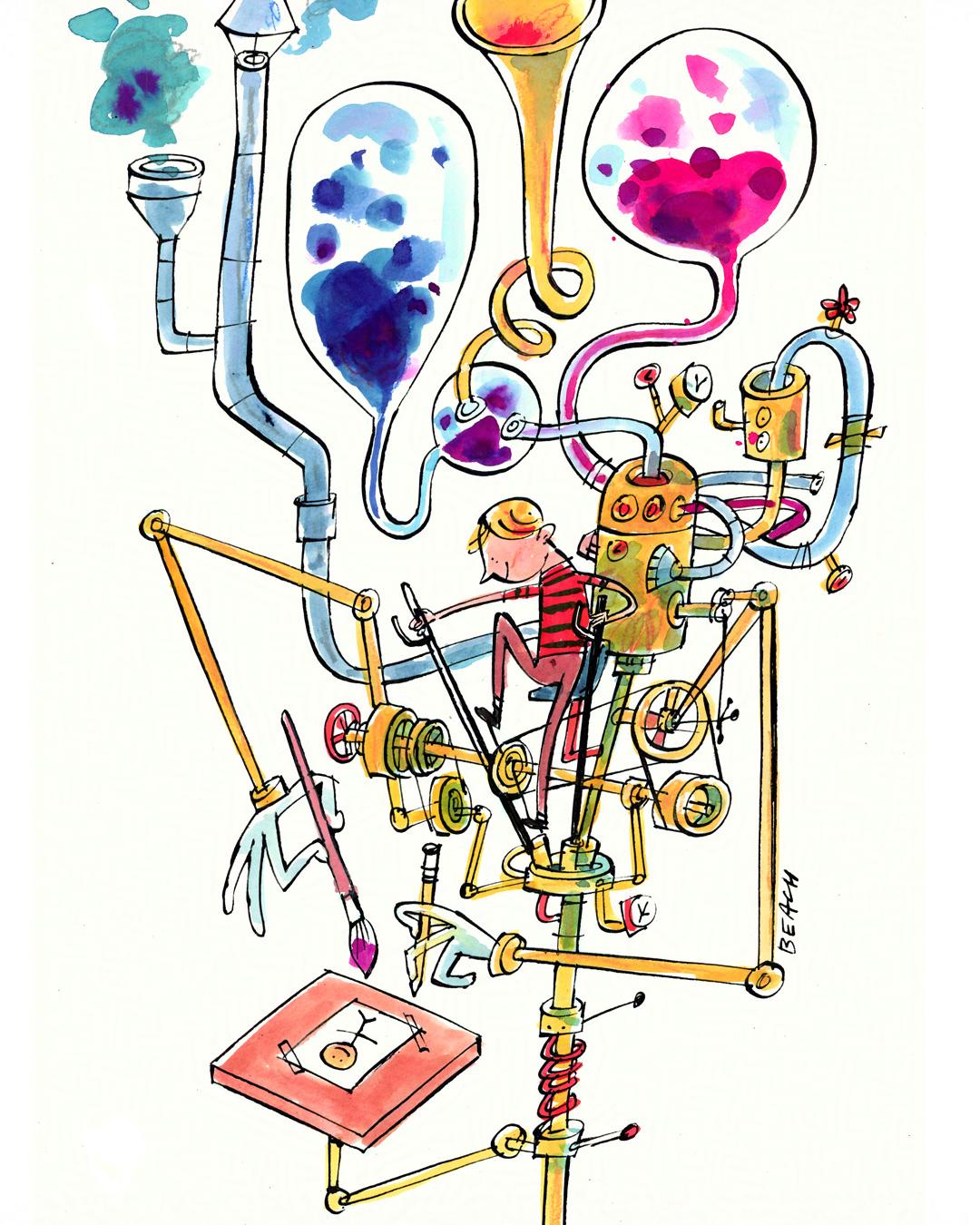 A person sits inside a whimsical, complex machine with tubes, gears, and robotic arms mixing colors and painting on a canvas below.