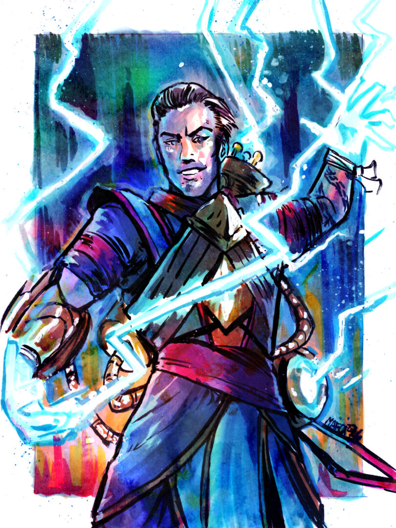A person in fantasy clothing channels blue lightning from their hands, surrounded by vibrant, colorful energy in a dramatic pose.